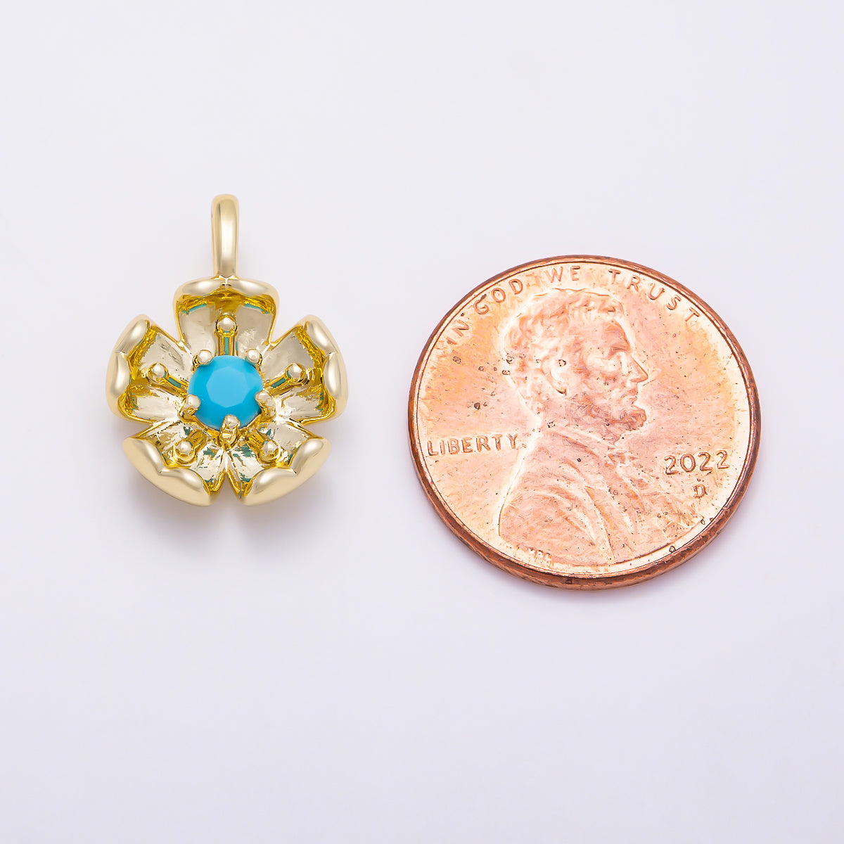 16K Gold Filled 17mm Turquoise CZ 3D Cupped Flower Charm | Charms-01871 - Charms-01872