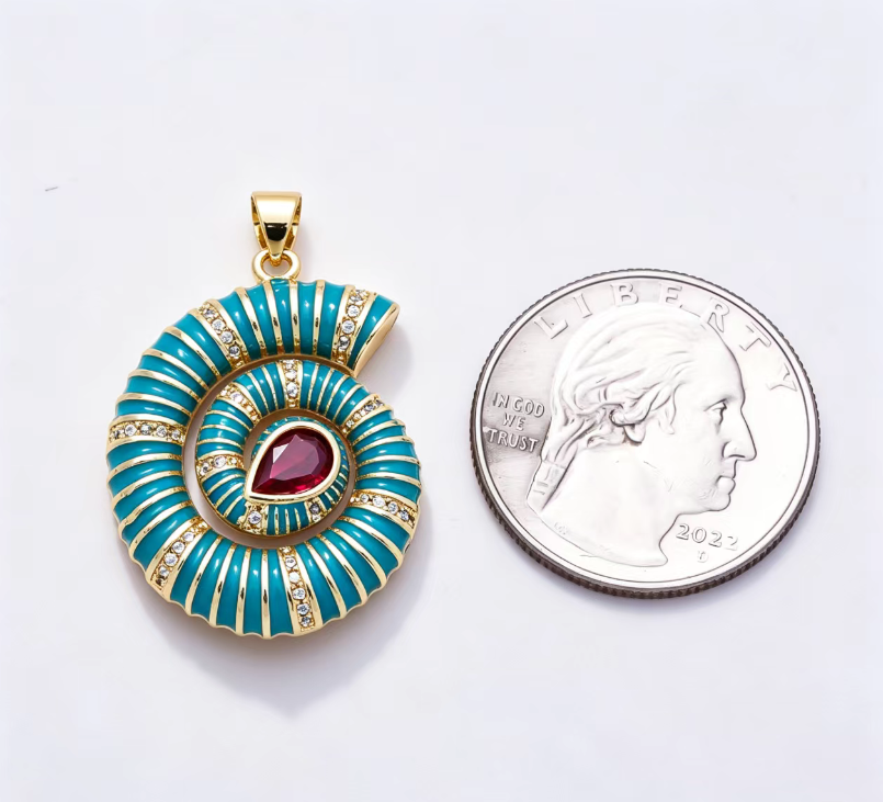 16K Gold Filled 31mm Colorful CZ Spiral Nautilus Shell Enamel Beach Pendant | Charms-01777 - Charms-01782