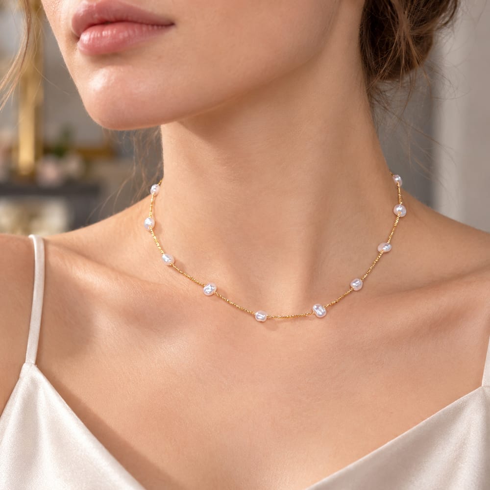 16K Gold Filled 2mm Shell Pearl Button Curb Chain 14.5 Inch Choker Necklace | WA-04807