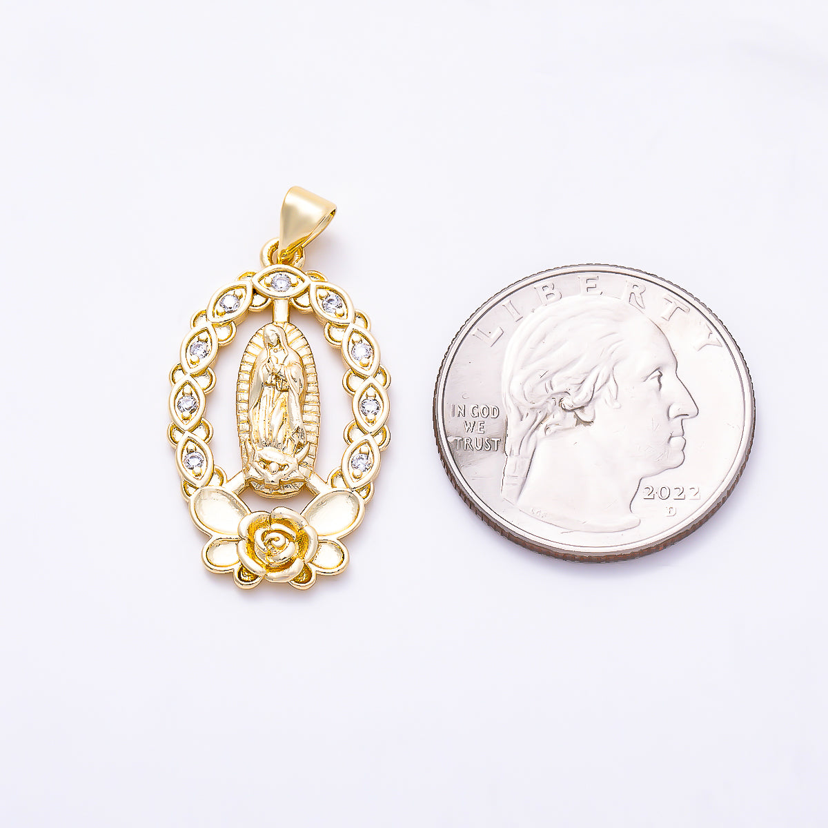 16K Gold Filled 29mm Beaded CZ Oval Rose Virgin Mary Guadalupe Religious Pendant | Charms-02048