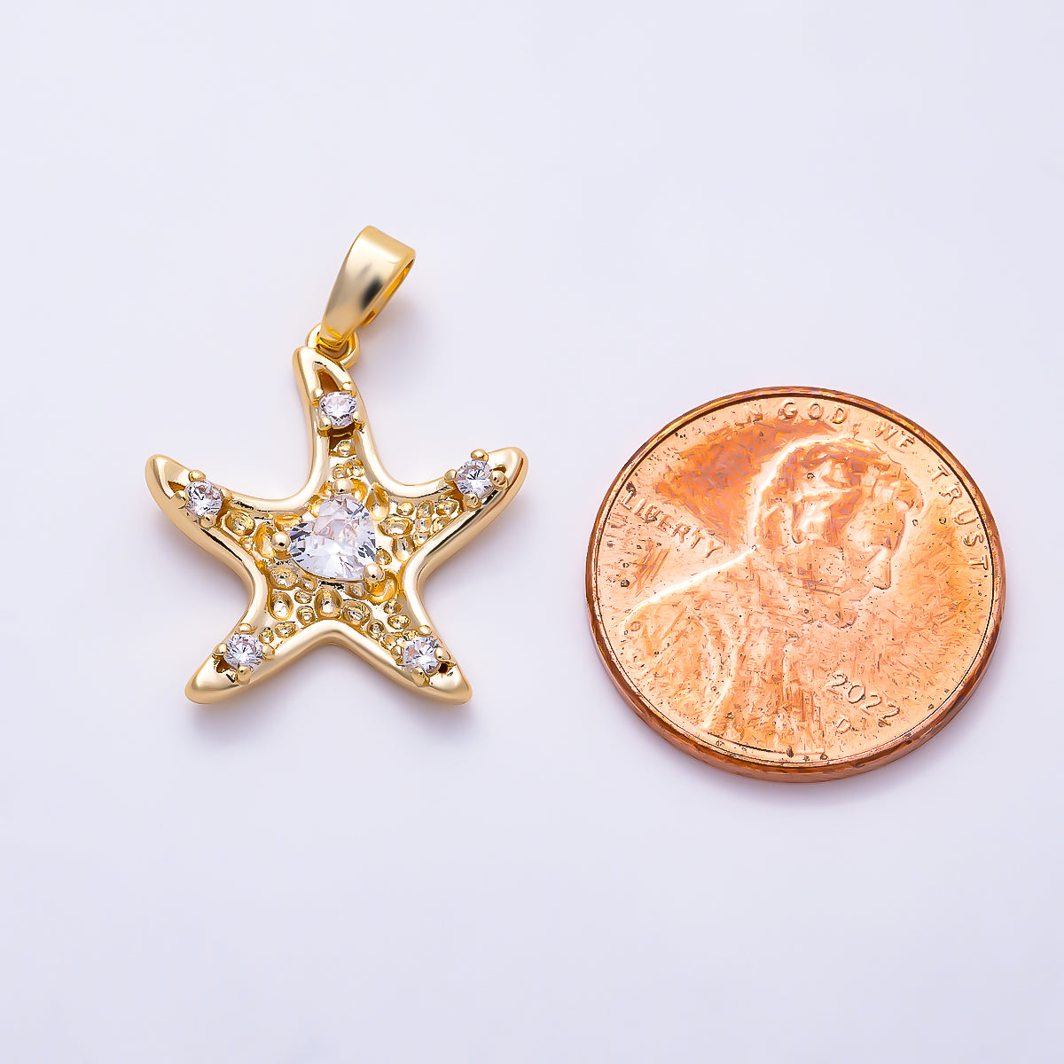 16K Gold Filled 19mm Clear CZ Textured Starfish Pendant | Charms-02061