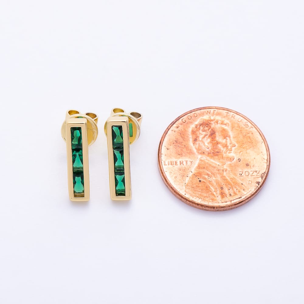 16K Gold Filled 14mm Green Baguette CZ Bar Stud Earrings in Gold & Silver | Earrings-01231 Earrings-01232