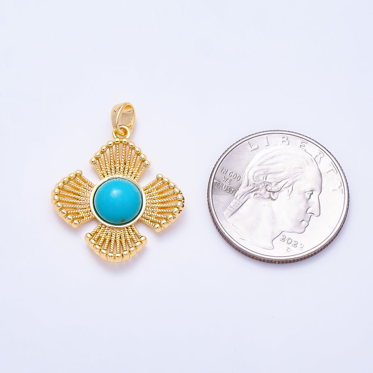 16K Gold Filled 25mm Turquoise, Tiger Eye, Shell Pearl Cabochon Dotted Geometric Flower Pendant | Charms-01553 ~ Charms-01555