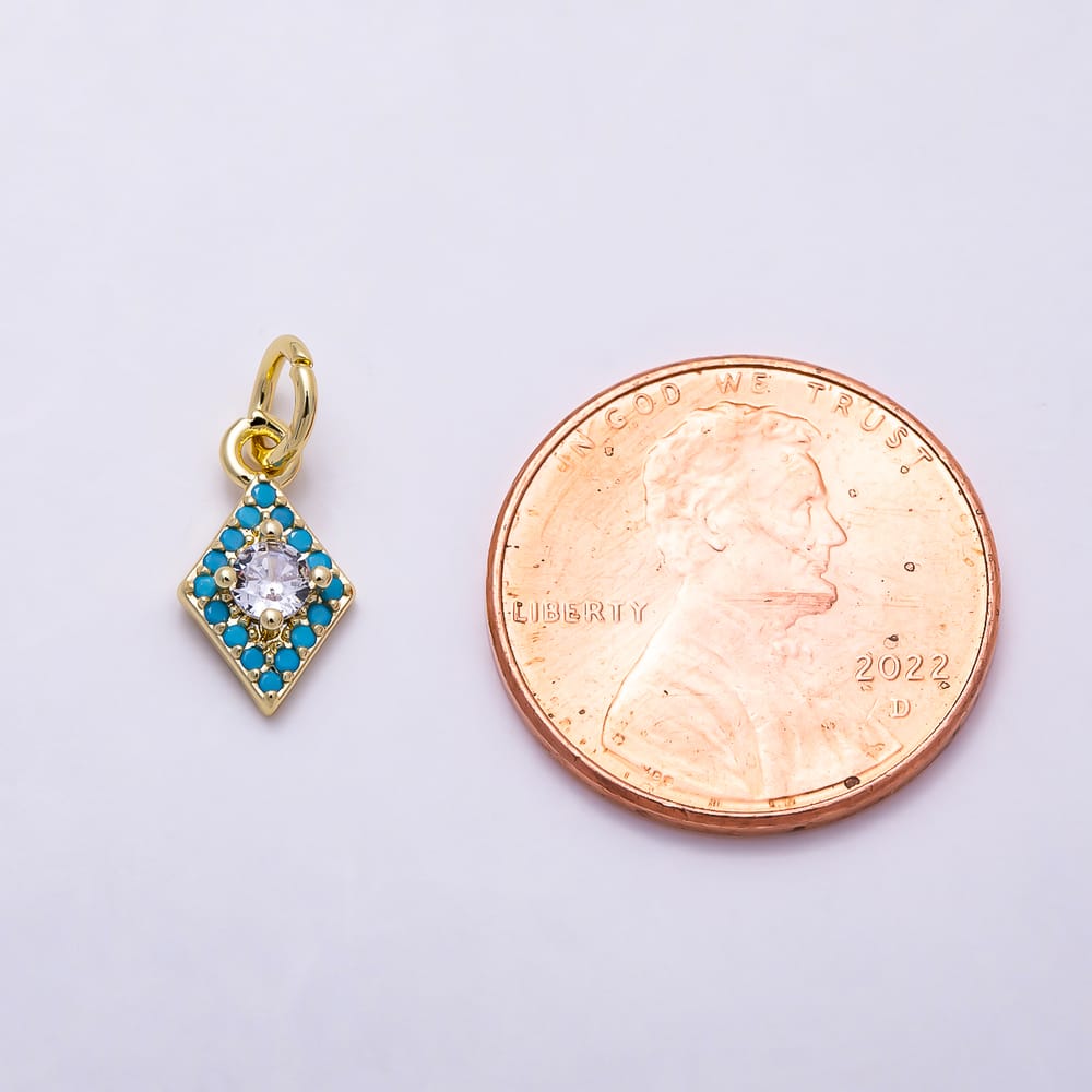 16K Gold Filled 12mm Clear Round CZ Turquoise Geometric Rhombus Charm | Charms-02177