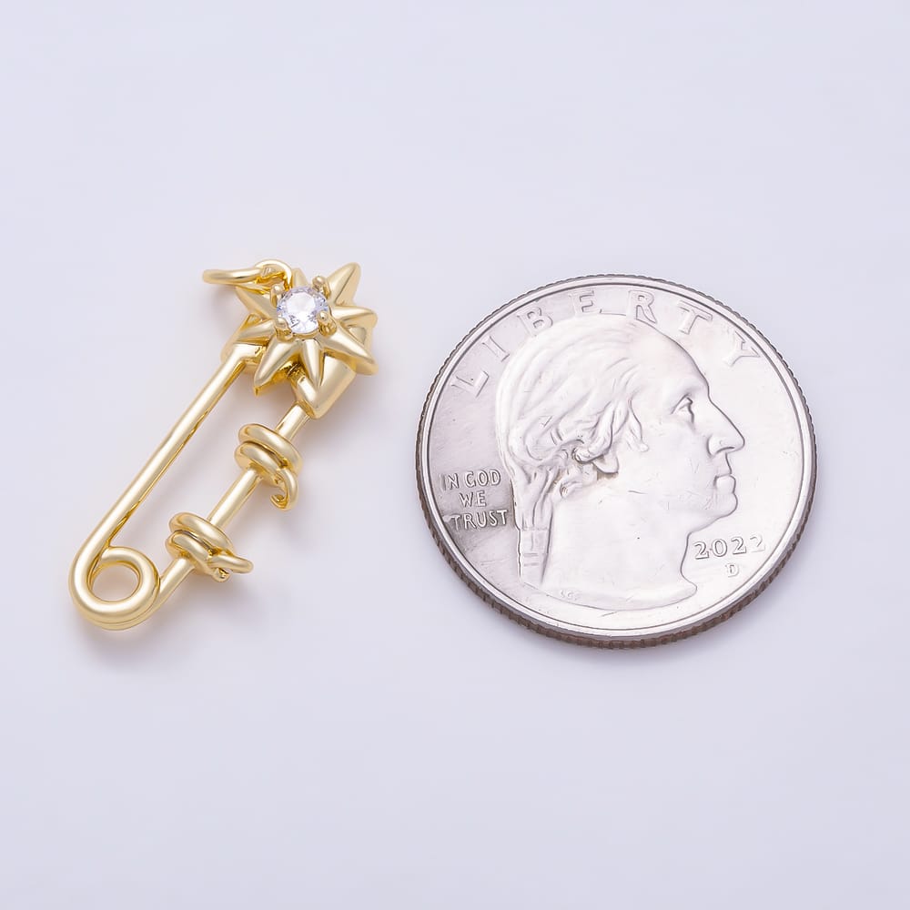 16K Gold Filled 27mm North Star Clear CZ Safety Pin Charm | Charms-02150