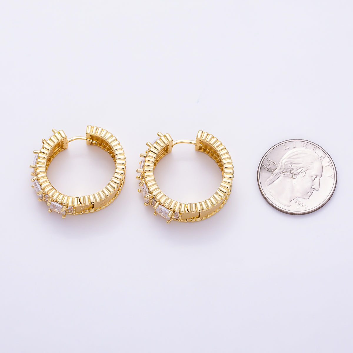 16K Gold Filled 29mm Clear Princess Cut CZ Wide Chunky Huggie Hoop Earrings in Gold & Silver | Earrings-00864 - Earrings-00865