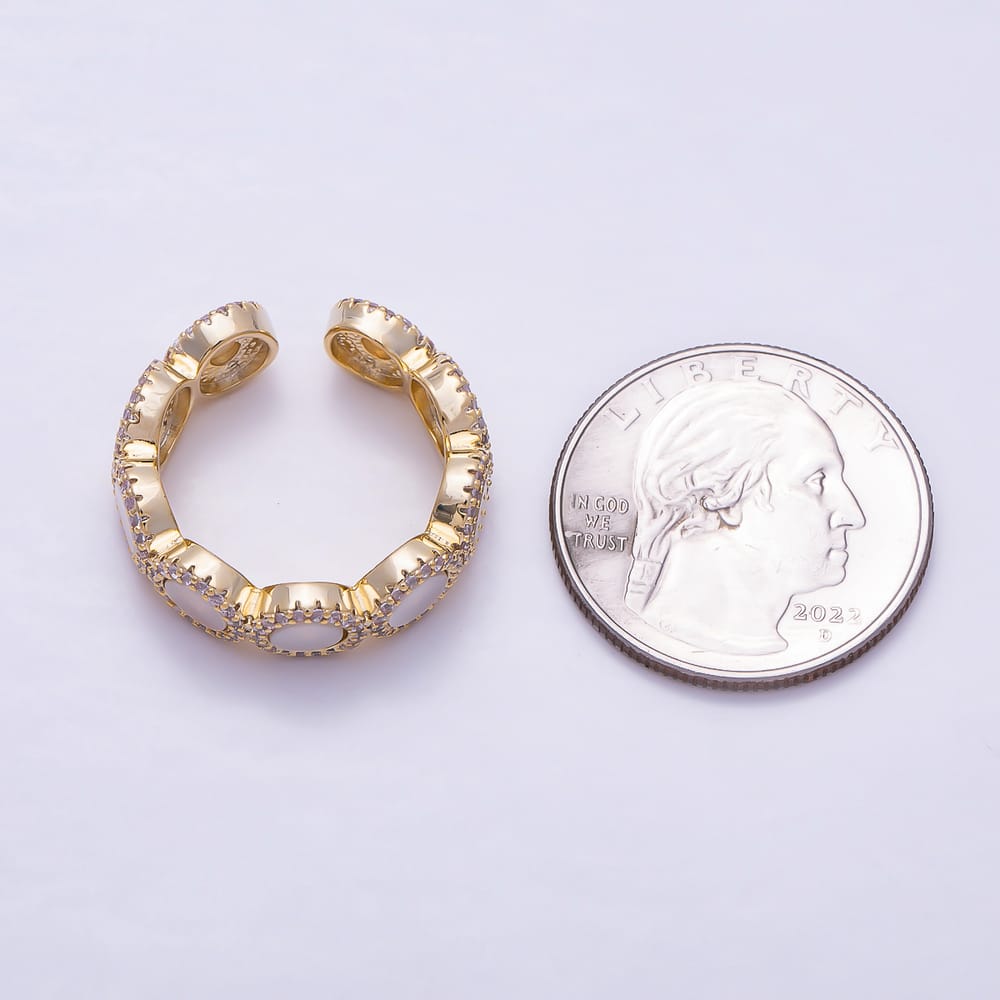 16K Gold Filled White Mother of Pearl Micro Paved CZ Open Band Adjustable Ring | Rings-00399 - Rings-00400