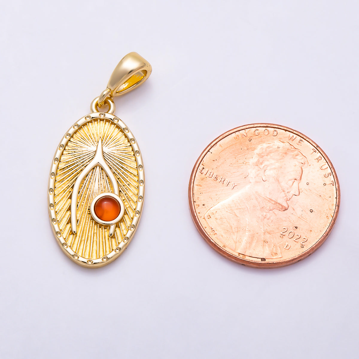 16K Gold Filled 23mm Oval Sunburst Wishbone Carnelian Orange Natural Gemstone Lucky Pendant | Charms-01986
