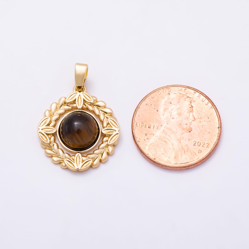 16K Gold Filled 20mm Tiger Eye Round Leaf Bezel Rhombus Pendant in Gold & Silver | Charms-02339 Charms-02340