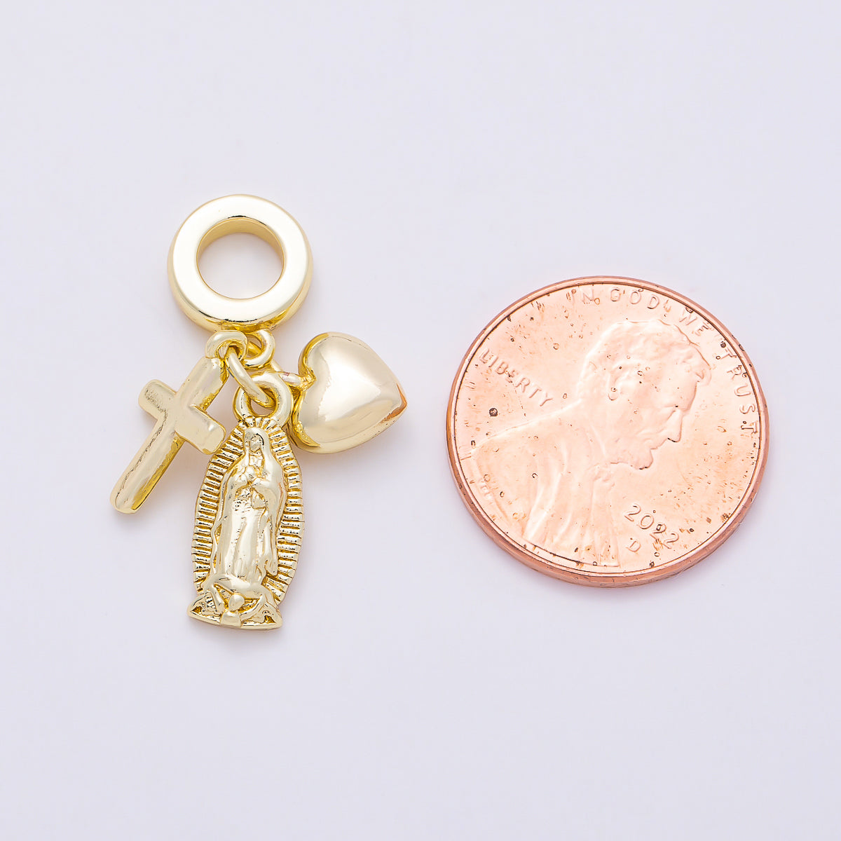 16K Gold Filled 27mm Religious Chubby Heart Cross Mother Mary Sunburst Drop Rondelle Pendant | Charms-01155