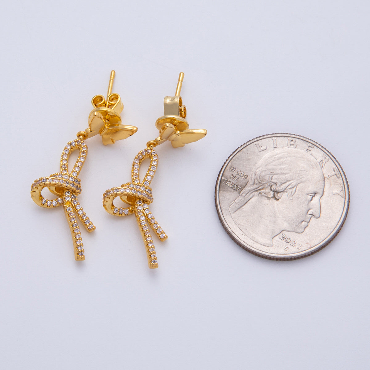 18K Gold Filled 9mm Micro Paved CZ Bow Butterfly Drop Stud | Earrings-00223