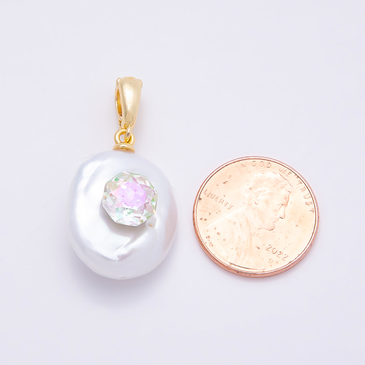 18K Gold Filled 24mm Round, Hexagon CZ Baroque White Freshwater Pearl Pendant | Charms-00941 Charms-00942