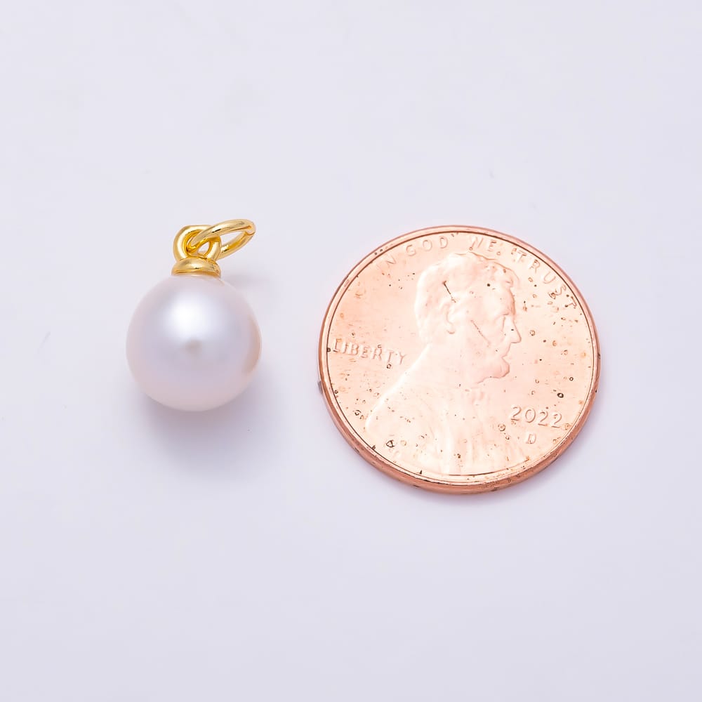 18K Gold Filled 12mm White Natural Freshwater Round Pearl Charm | Charms-02222