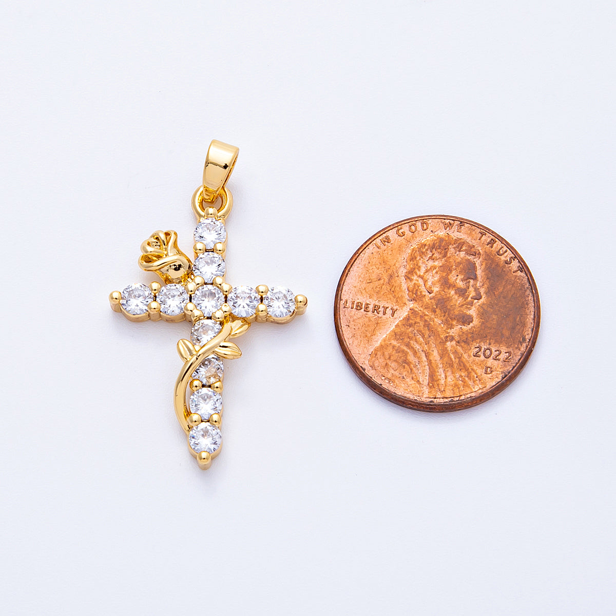 18K Gold Filled 28mm Clear CZ Religious Cross Rose Flower Pendant | Charms-00111