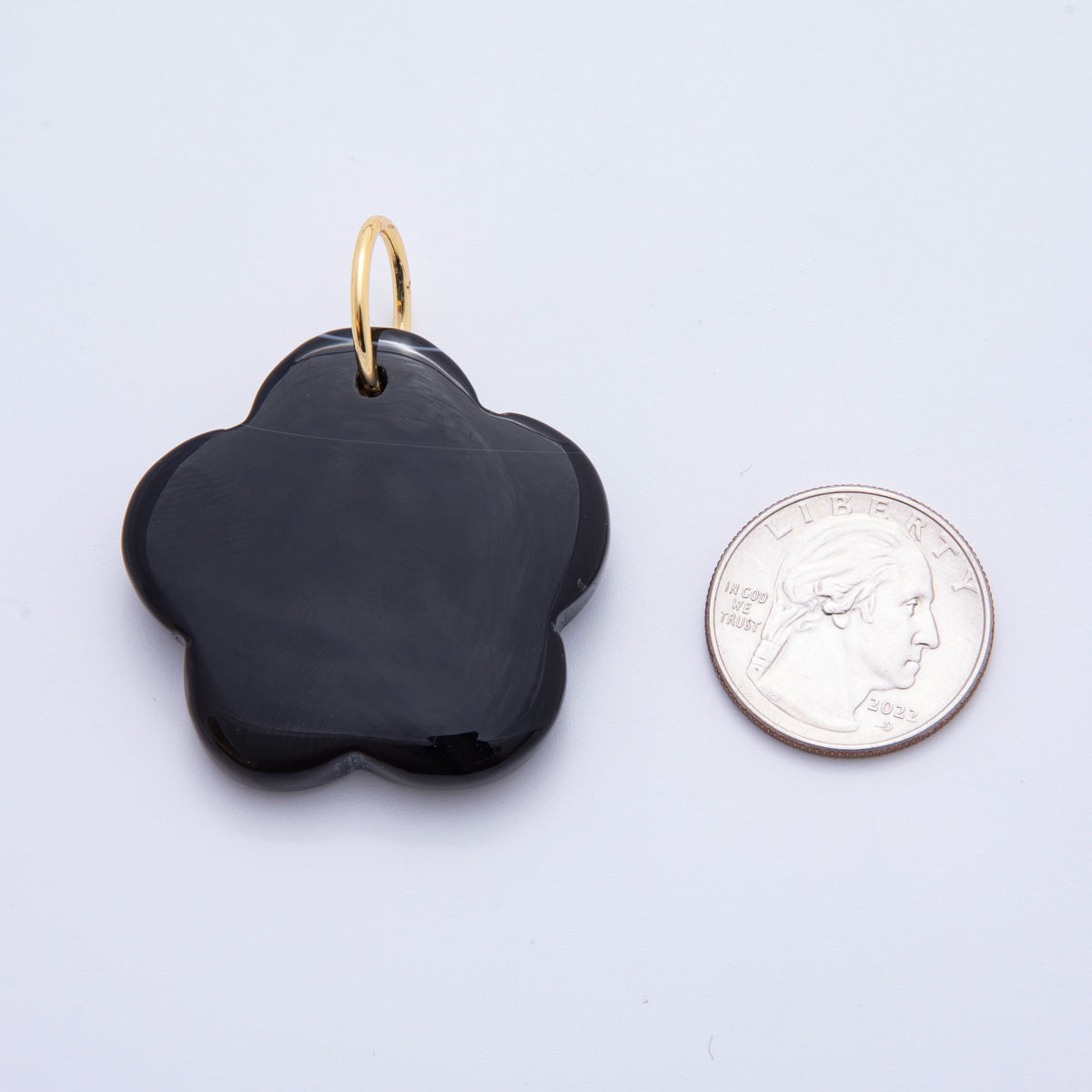 18K Gold Filled 50mm Black Agate Gemstone 5-Petals Flower Charm | E470