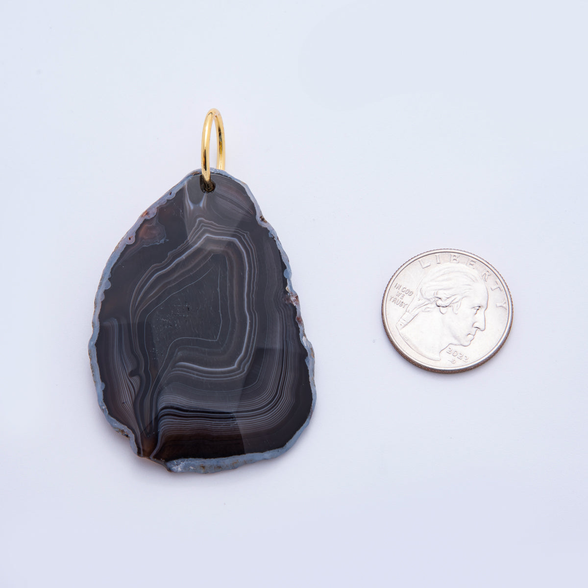 18K Gold Filled 68mm Black Agate Gemstone Raw Slice Edge Charm | E608