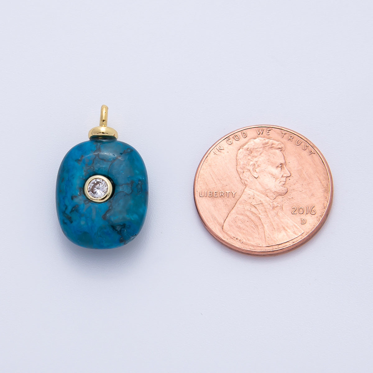 18K Gold Filled 21mm Clear Round CZ Flush Setting Round Blue Agate Gemstone Drop Charm | AF1388