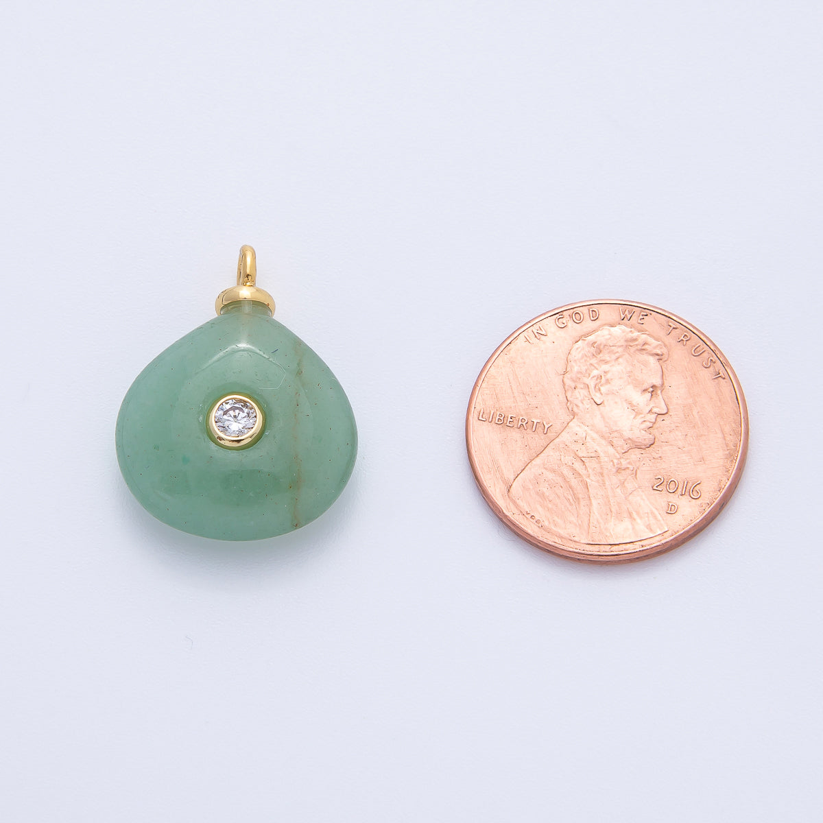 18K Gold Filled 21mm Clear CZ Flushed Round Green Aventurine Gemstone Drop Charm | AF1392