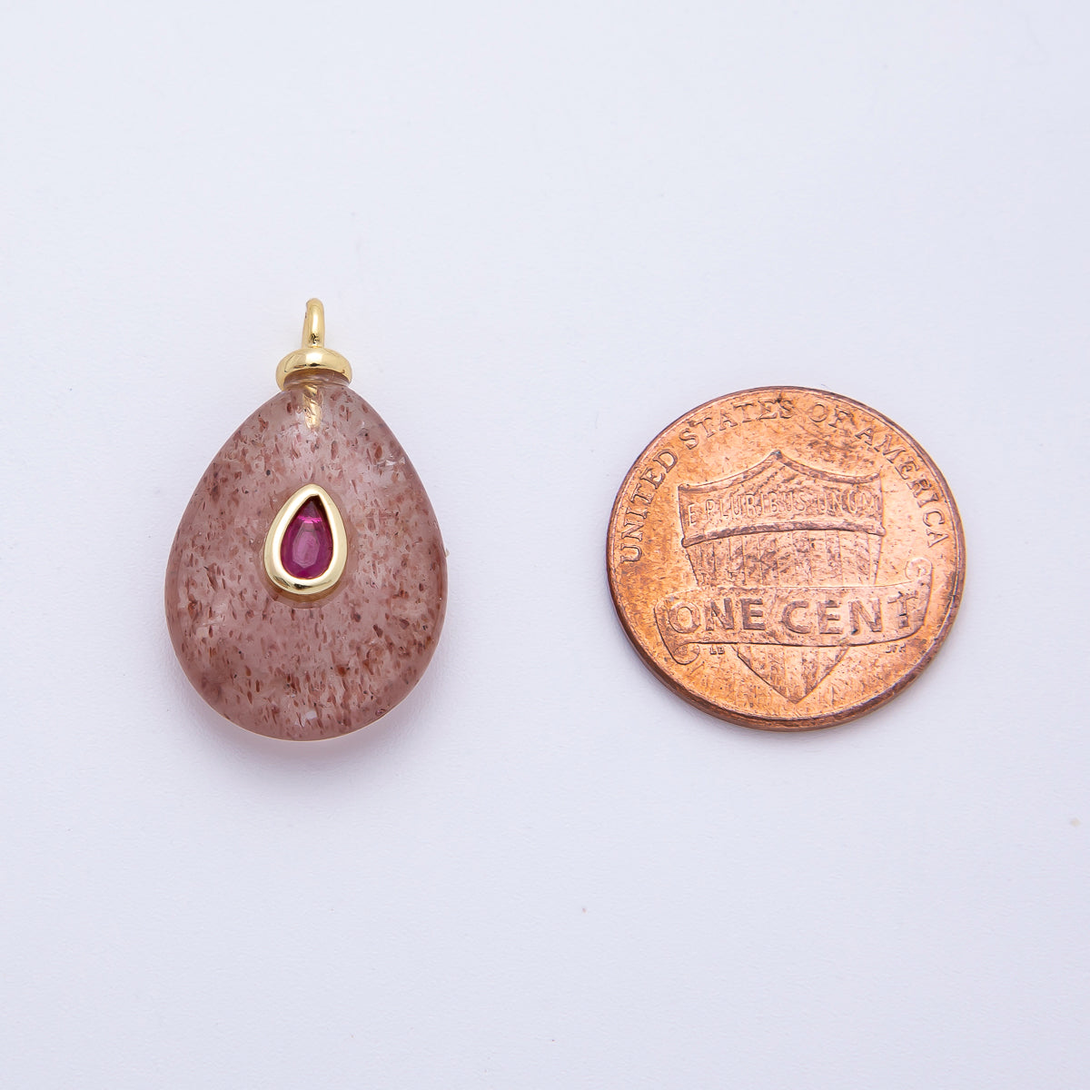 18K Gold Filled 25mm Fuchsia CZ Pear-Cut Accent Rose Quartz Gemstone Drop Charm | AF1324