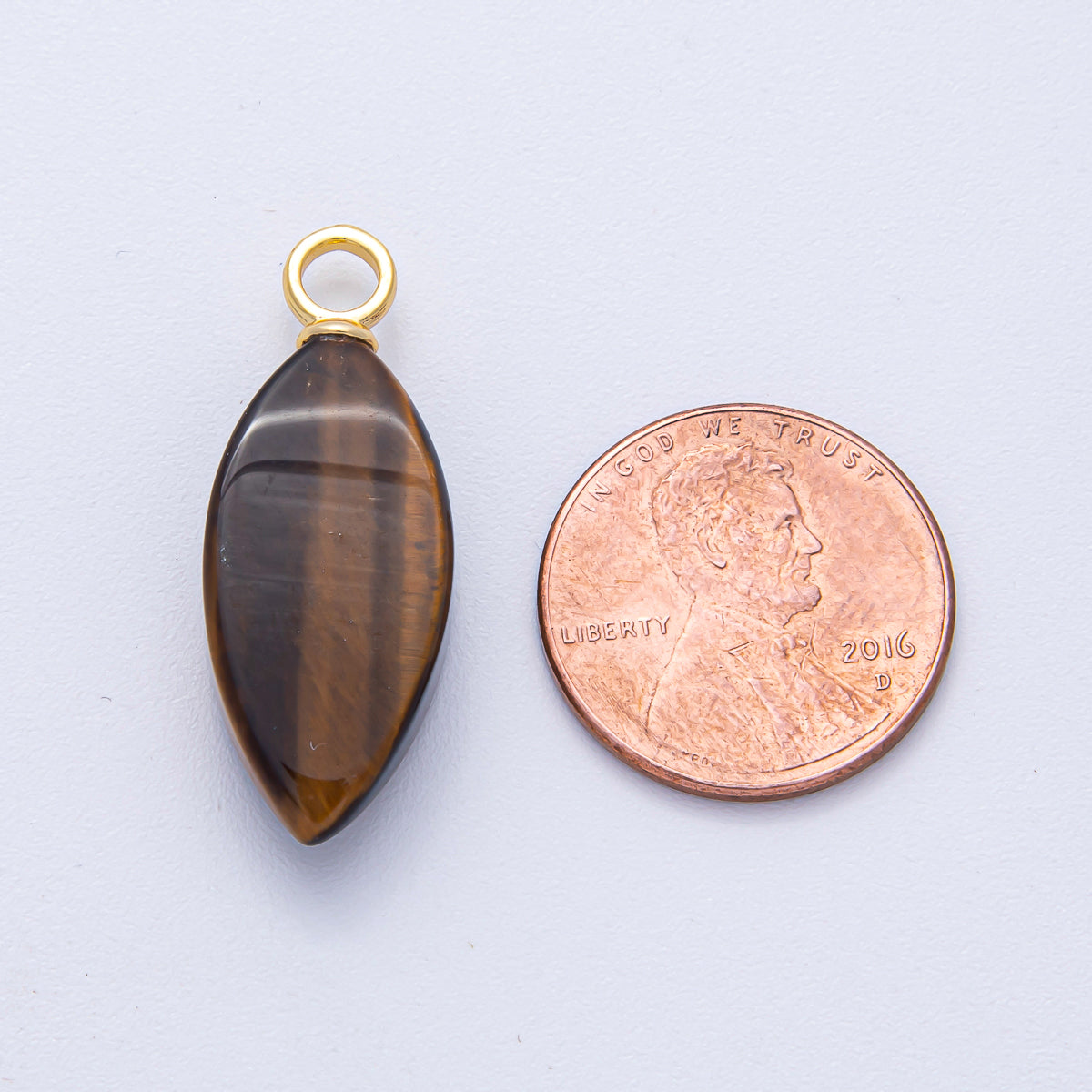 18K Gold Filled 30mm Tiger Eye Gemstone Navette Sphere Drop Charm | AK052