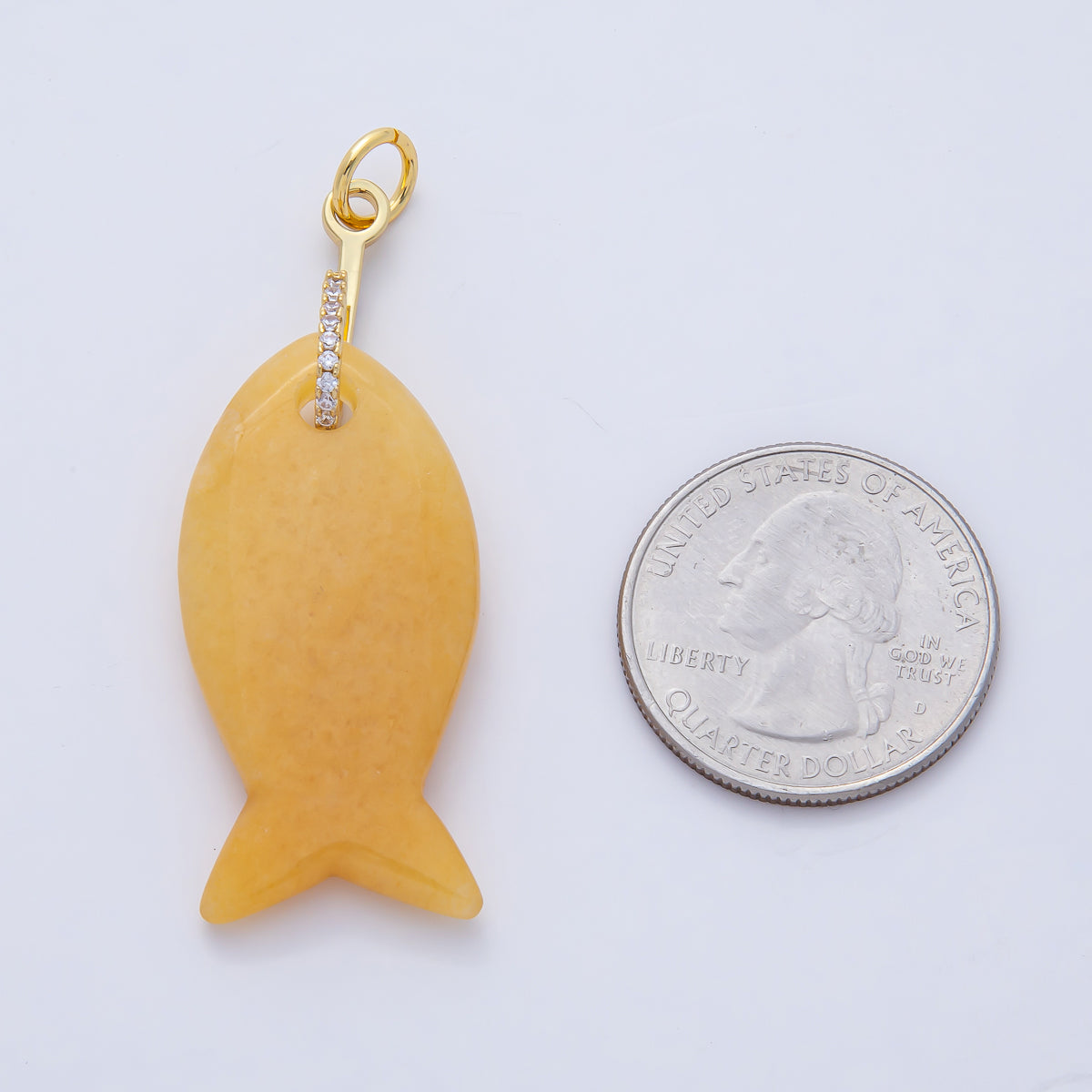 18K Gold Filled 51mm Quartz, Agate, Jasper, Topas Gemstone Fish Charm with CZ Charm  | AK001