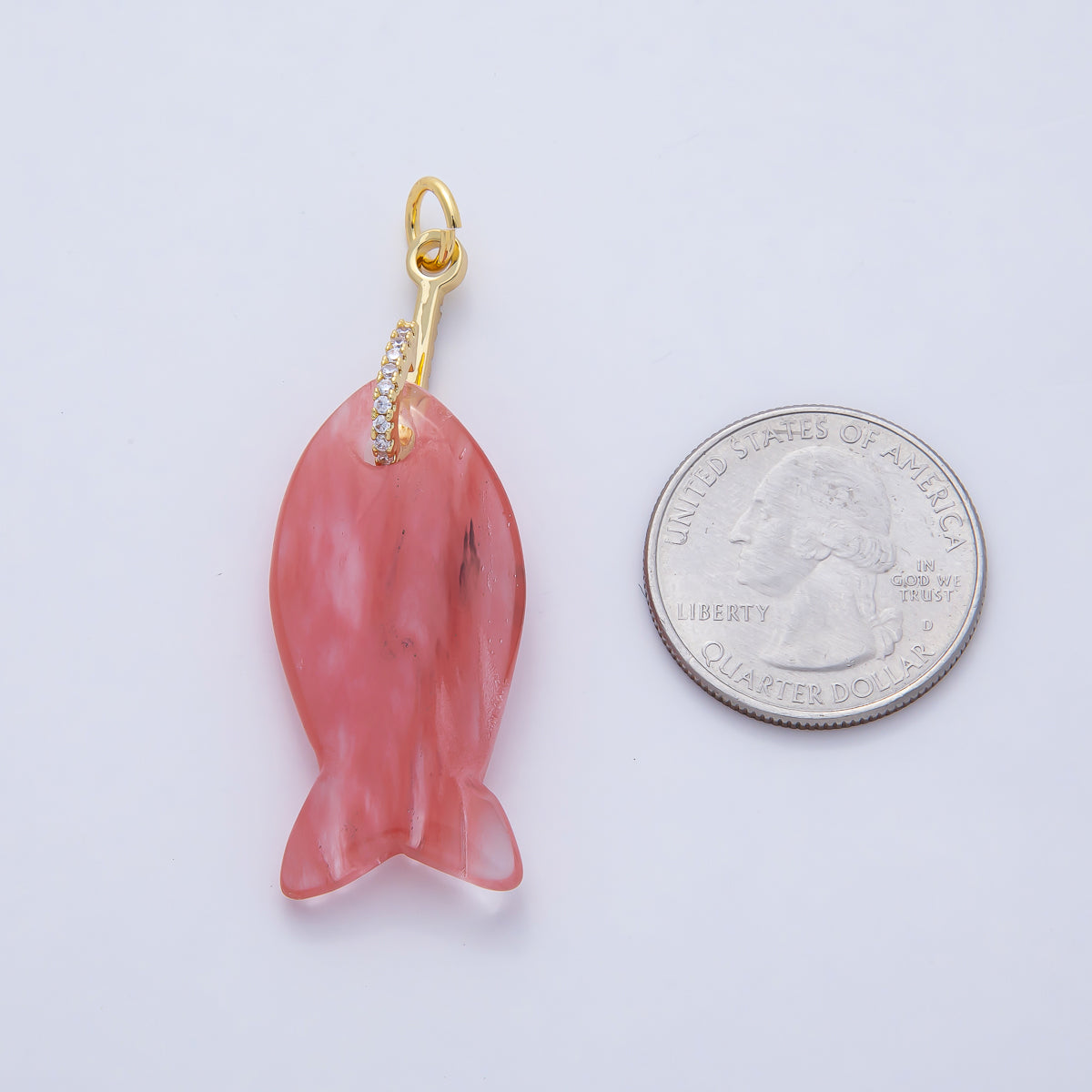 18K Gold Filled 51mm Quartz, Agate, Jasper, Topas Gemstone Fish Charm with CZ Charm  | AK001