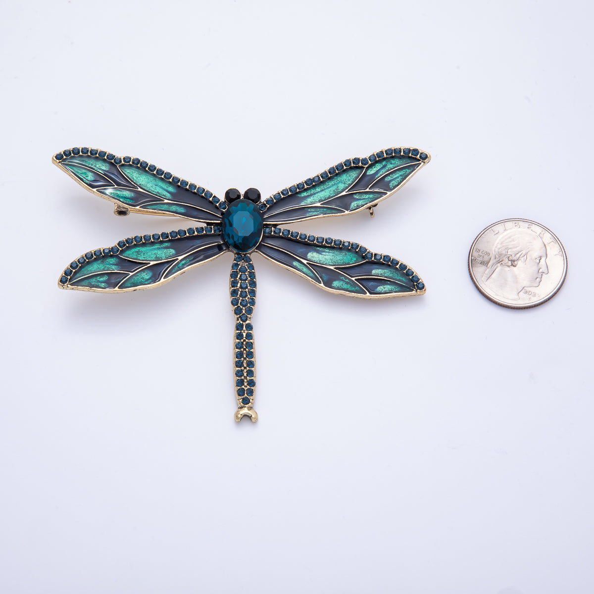 Antique Gold 94mm Blue Micro Paved CZ Dragonfly Insect Enamel Brooch Pin | BH-017