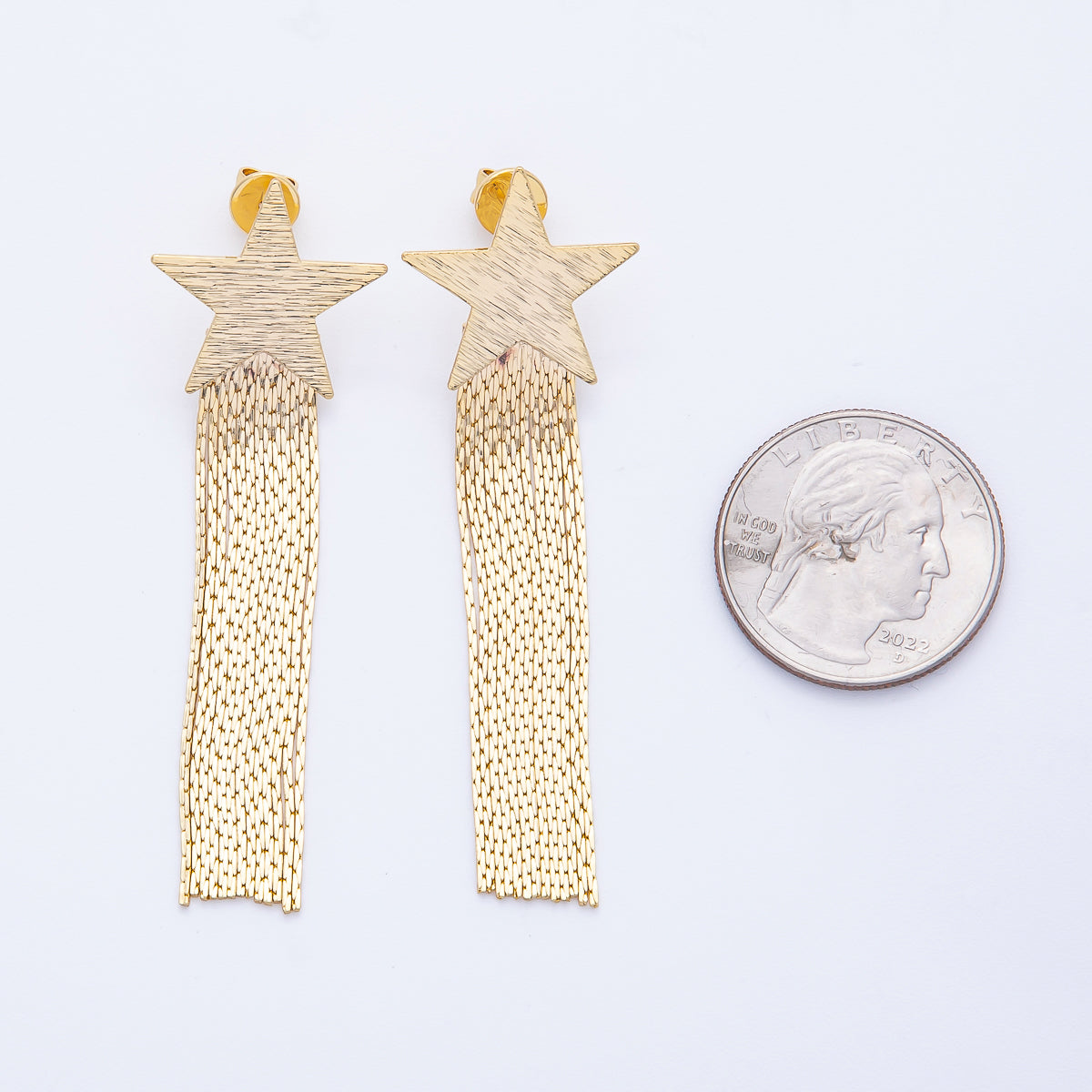 18K Gold Filled 63.3mm Textured Star Snake Chain Fringe Drop Stud Earrings | T488