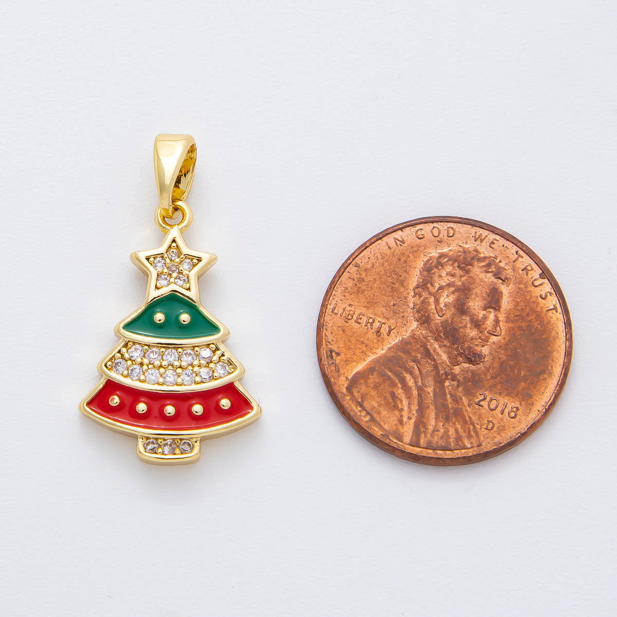 18K Gold Filled 25mm Micro Paved CZ Enamel Red & Green Christmas Tree Pendant | AF-A1139