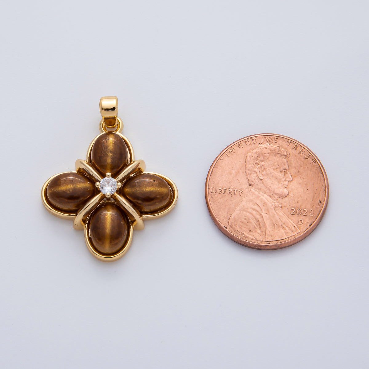 18K Gold Filled Tiger Eye Natural Gemstone with CZ 24mm Clover Charm Pendant | AF1167