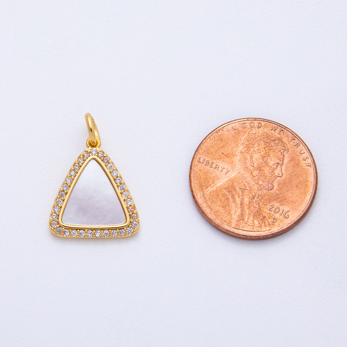 18K Gold Filled 15.5mm Shell Pearl Micro Paved CZ Triangle Charm | AK046