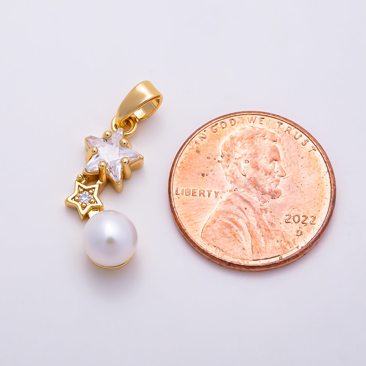 16K Gold Filled 19mm Double Star CZ & Shell Pearl Drop Pendant | Charms-01678 - Charms-01679