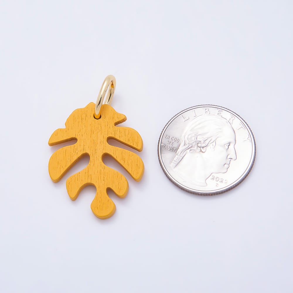 18K Gold Filled 30mm Green, Grey, Olive, Red, Blue, Orange, Black, Yellow, Pink, Brown Lined Monstera Palm Leaf Light Wood Charm | Charms-02428 ~ Charms-02437