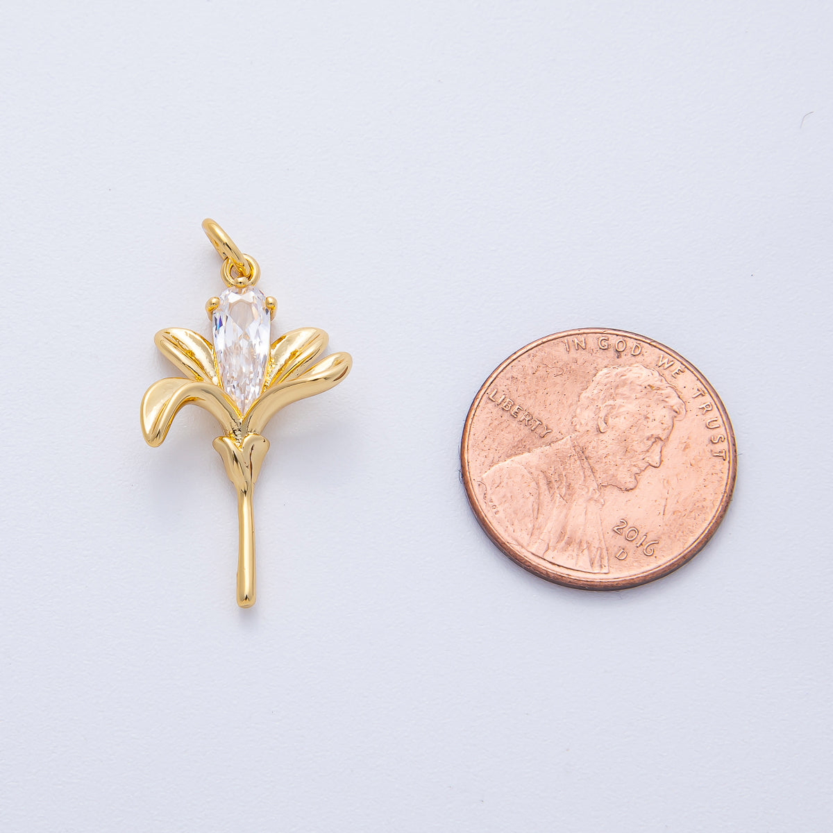 18K Gold Filled 26mm Clear Teardrop CZ Lily Flower Charm | AK198