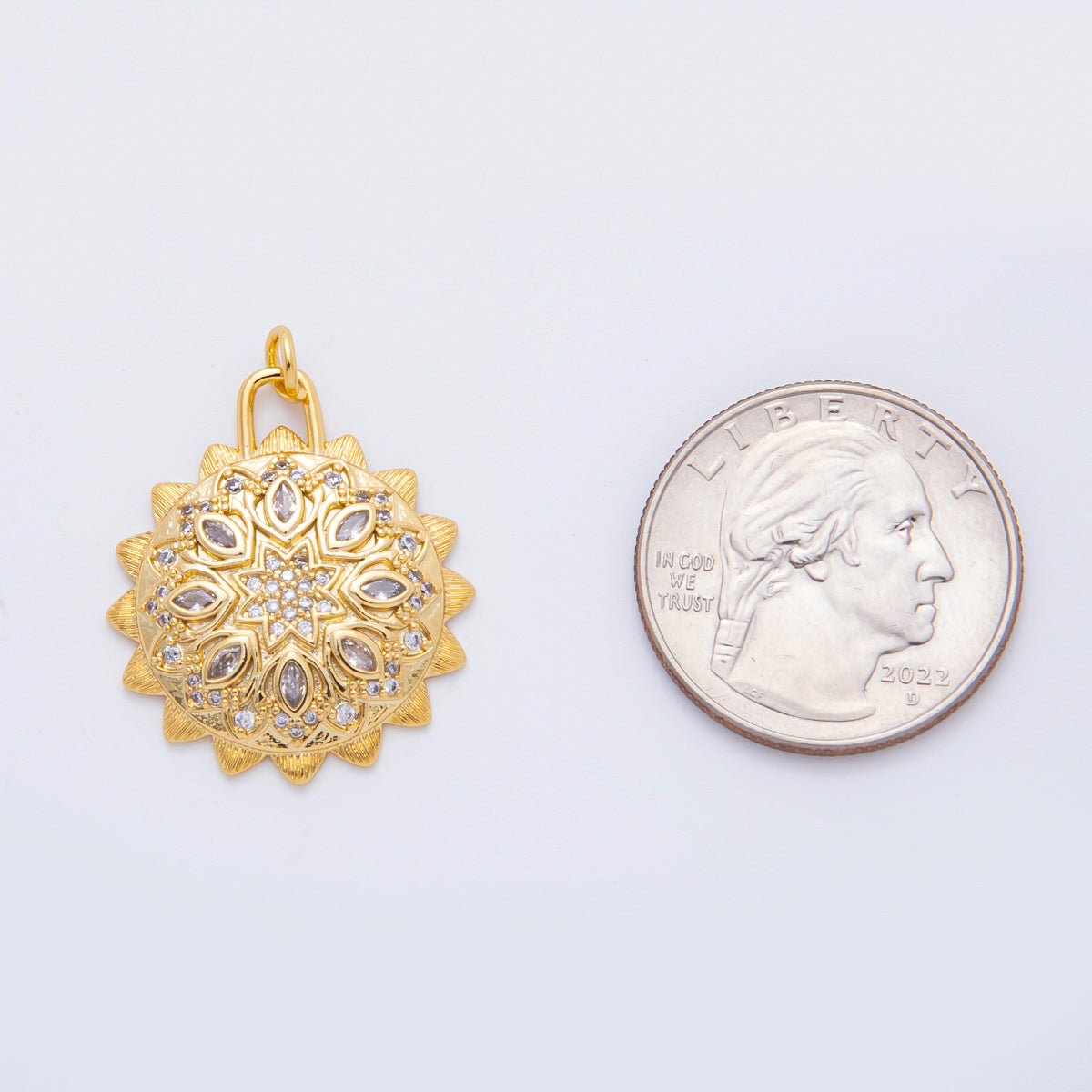 18K Gold Filled 30mm Micro Paved & Marquise CZ Sun Lotus Charm | N294