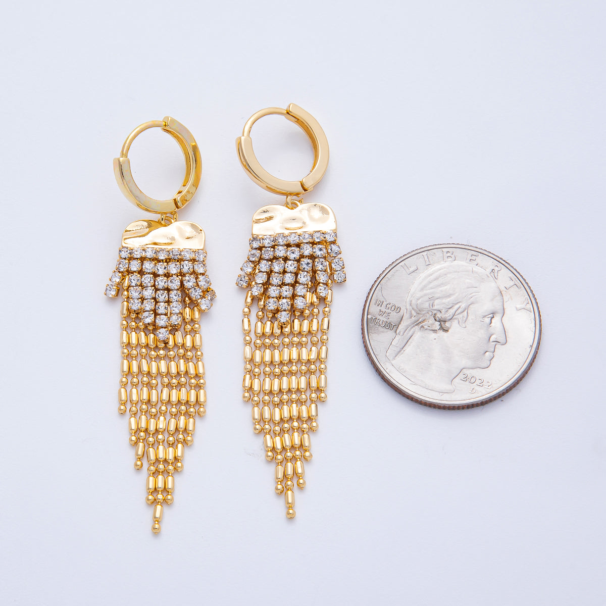 18K Gold Filled 47mm Clear CZ Tennis Bead Tube Chain Drop Huggie Earrings | T485