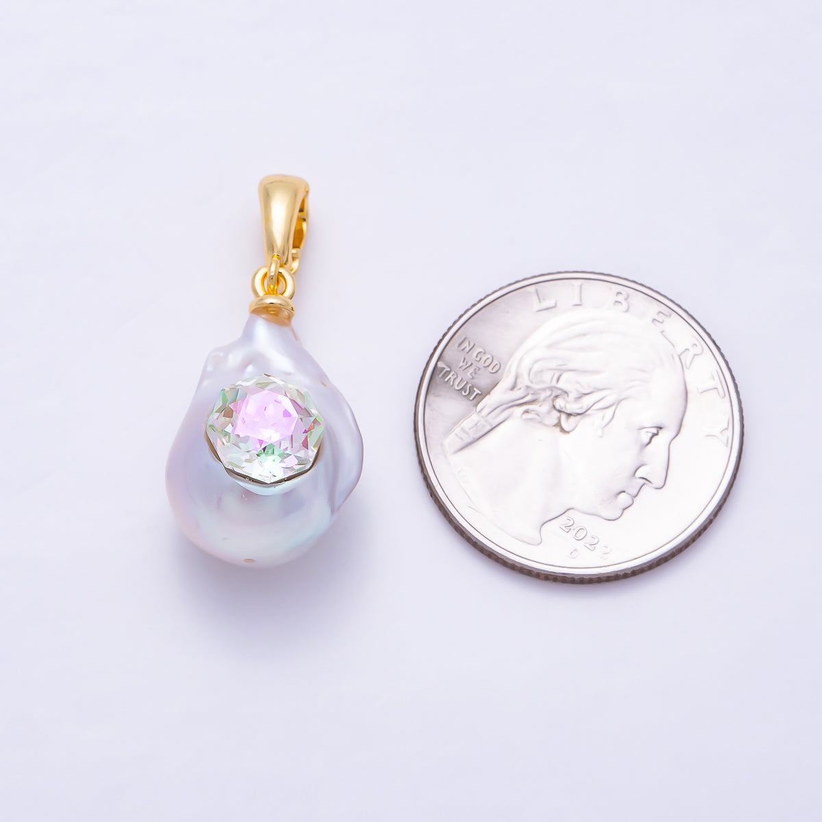 18K Gold Filled 23mm AB CZ Hexagon Baroque Freshwater Pearl Pendant | Charms-01588