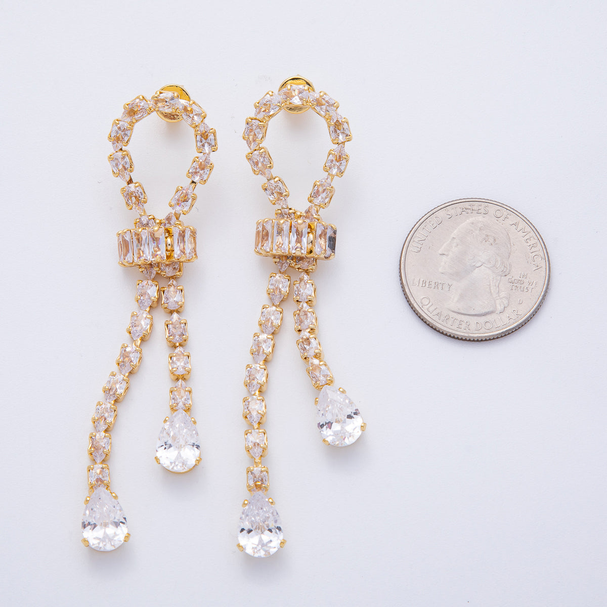 18K Gold Filled Clear CZ Teardrop Baguette Knot Drop Stud Earrings | T067