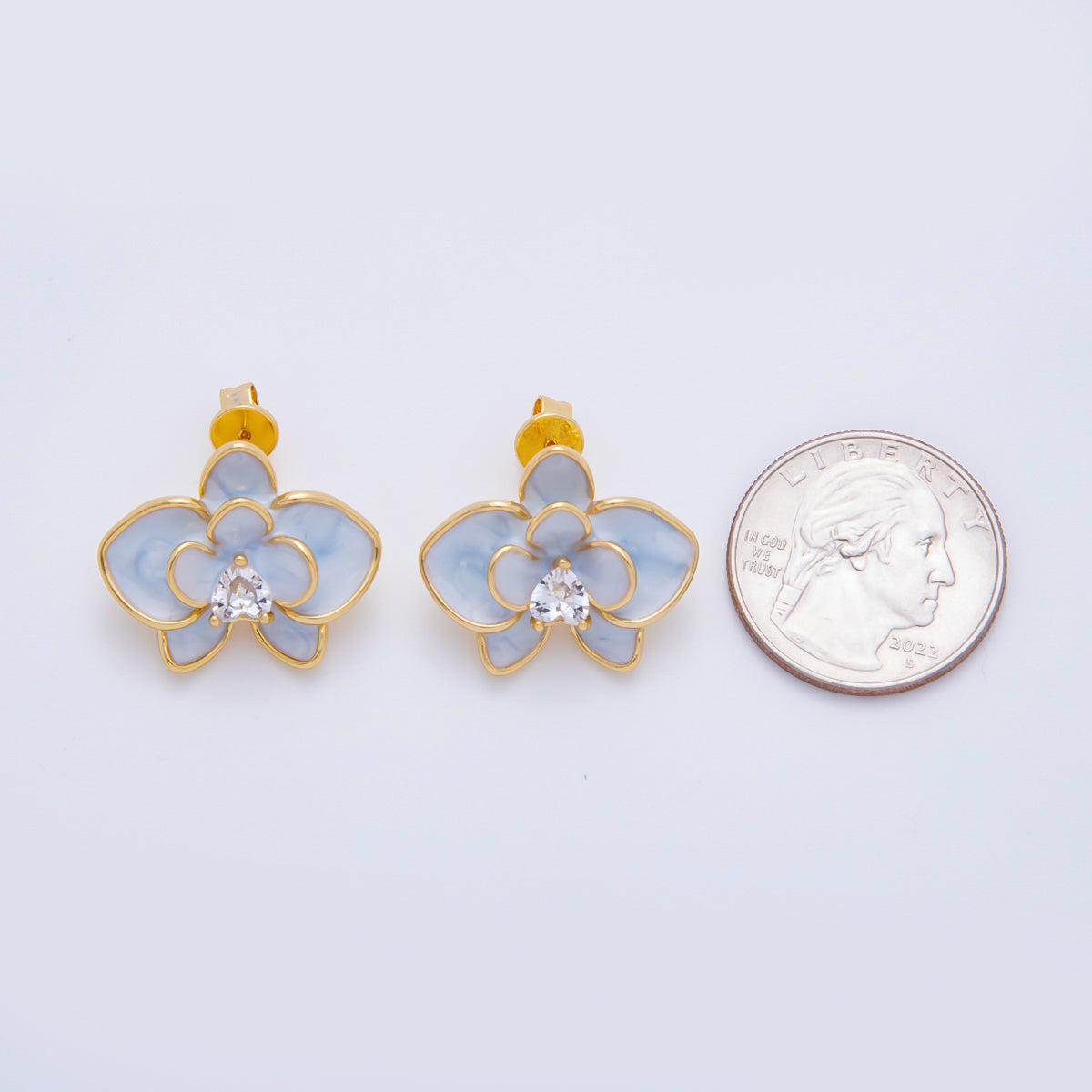 18K Gold Filled Heart-Shaped CZ Enamel Bloom Orchid Floral Studs Earrings in White, Blue, & Pink | AJ195 - AJ197