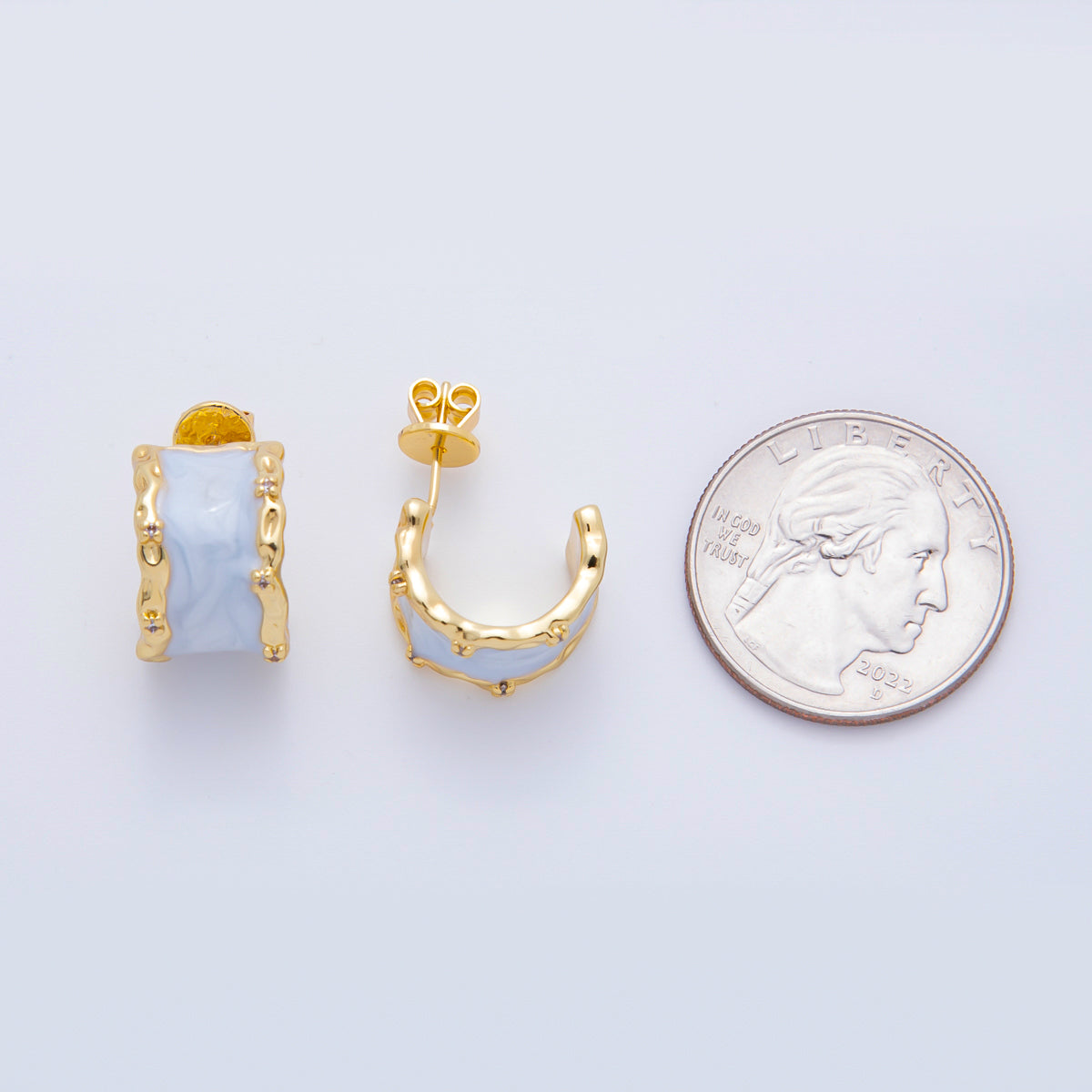 18K Gold Filled Enamel Geometric Curve C-Hoops Earrings in White, Blue, & Pink | AJ198 - AJ200