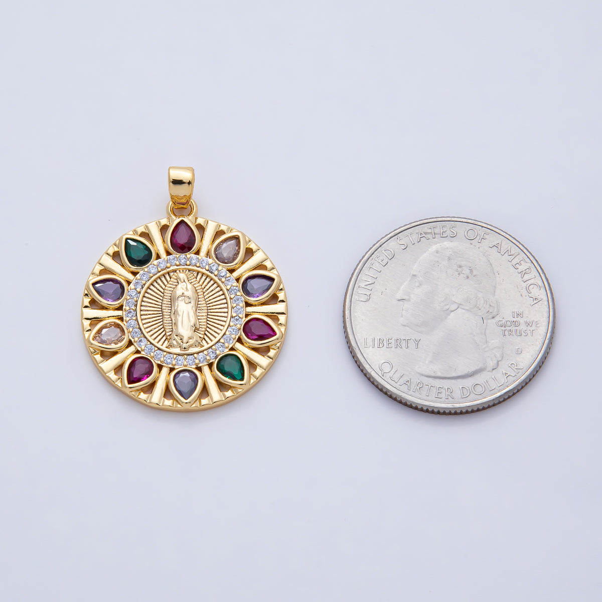 18K Gold Filled 25mm Clear, Multicolor CZ Miraculous Lady Mother Mary Round Pendant | AF1202