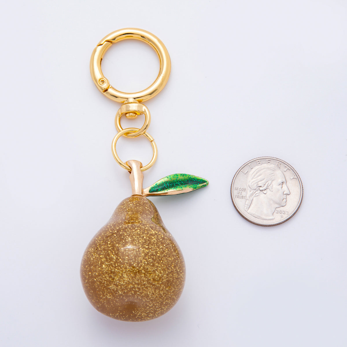 18K Gold Filled Grey, Gold Glittered Acrylic Pear Fruit Charm Bag Key Chain | WB-00119 WB-00120