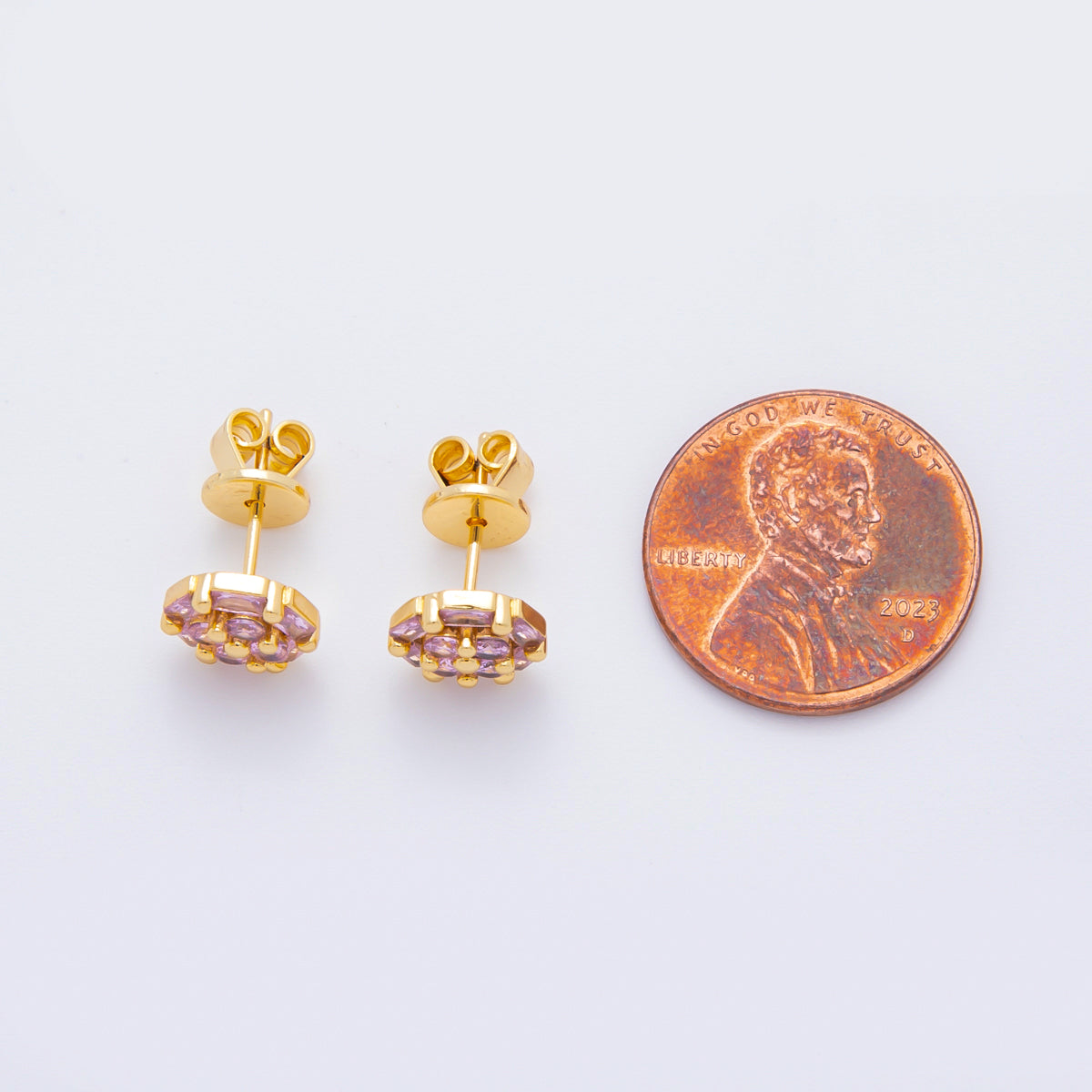 18K Gold Filled 8.8mm Clear, Purple, Pink Micro Paved CZ Baguette Round Stud Earrings | AJ274 AJ204 AJ206