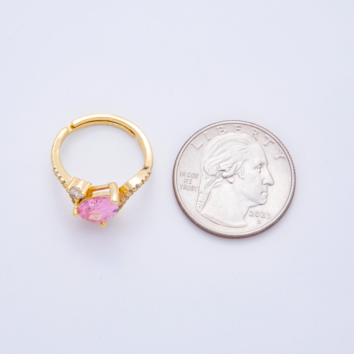 18K Gold Filled Clear, Pink Teardrop Micro Paved CZ Curved Solitaire Adjustable Ring | O00176