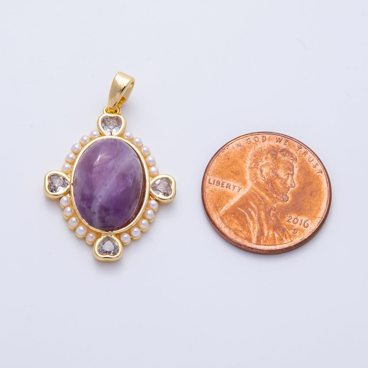 18K Gold Filled 25mm White Shell Pearl Heart CZ Shaped Oval Natural Gemstone Pendant | Charms-00079