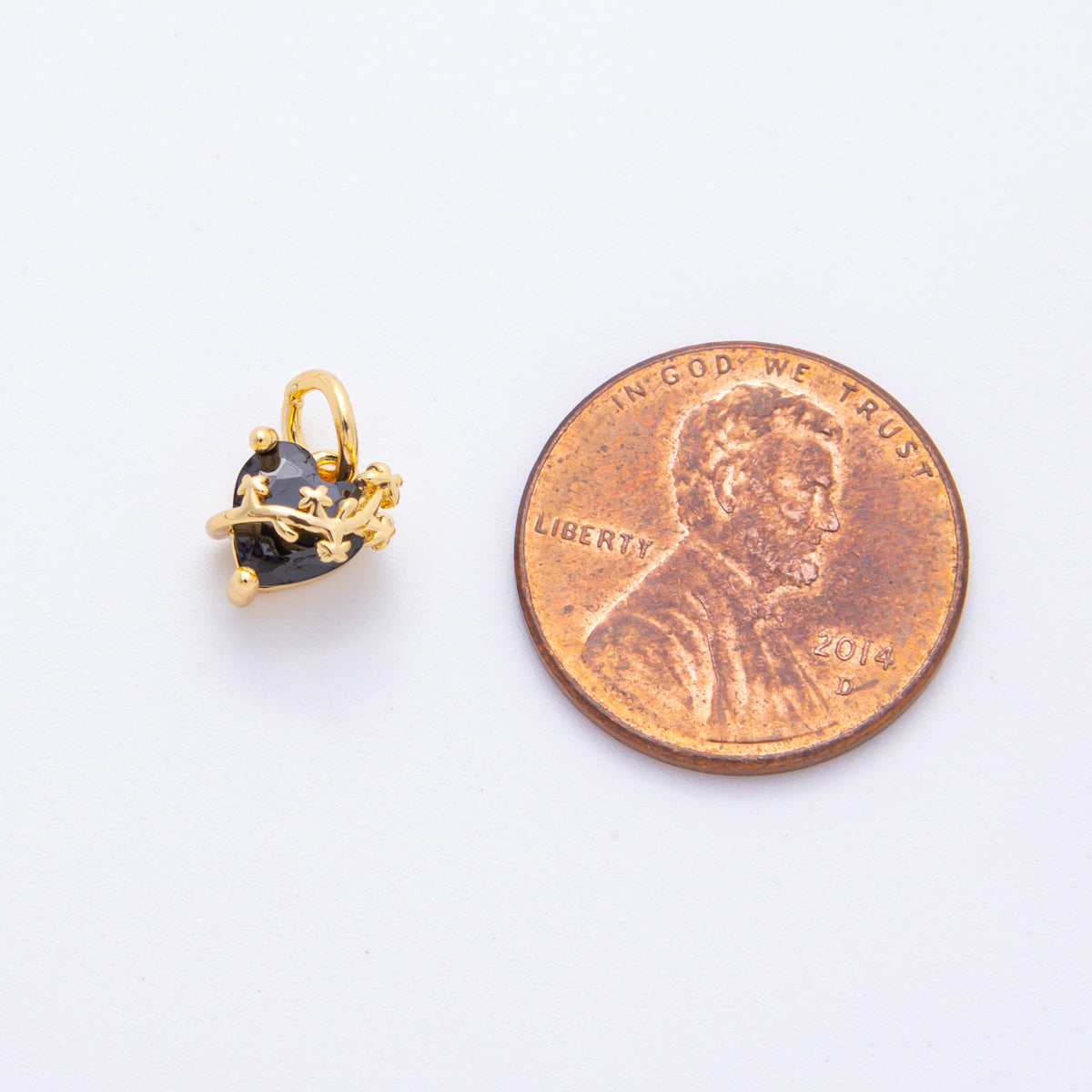 18K Gold Filled 11mm Pink & Black Heart-Shaped CZ Vine Wrapped Charm in Gold & Silver | C636 C637