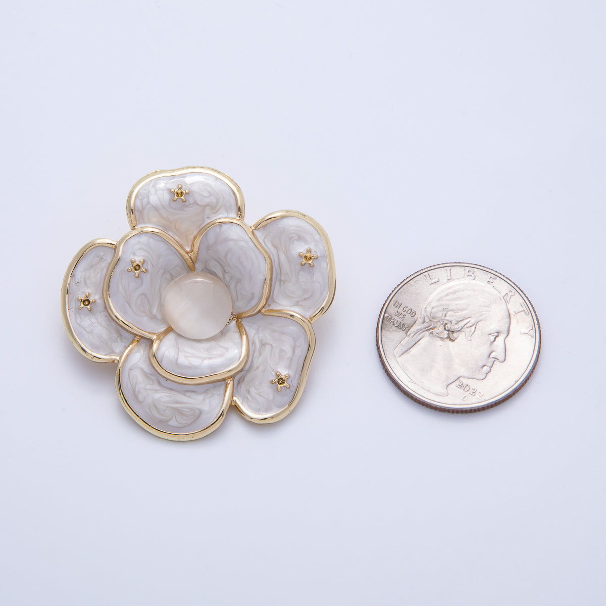 Gold 40mm x 38.4mm White, Green Enamel Flower Pin Brooch | BH-090 BH-091