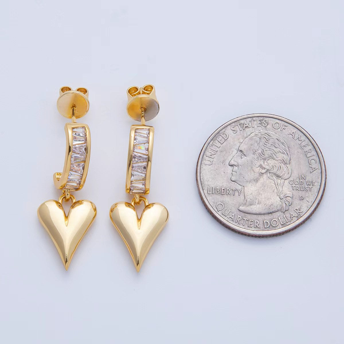 18K Gold Filled Puffy Heart Baguette CZ Drop C-Shaped Hoop Earrings | Q195