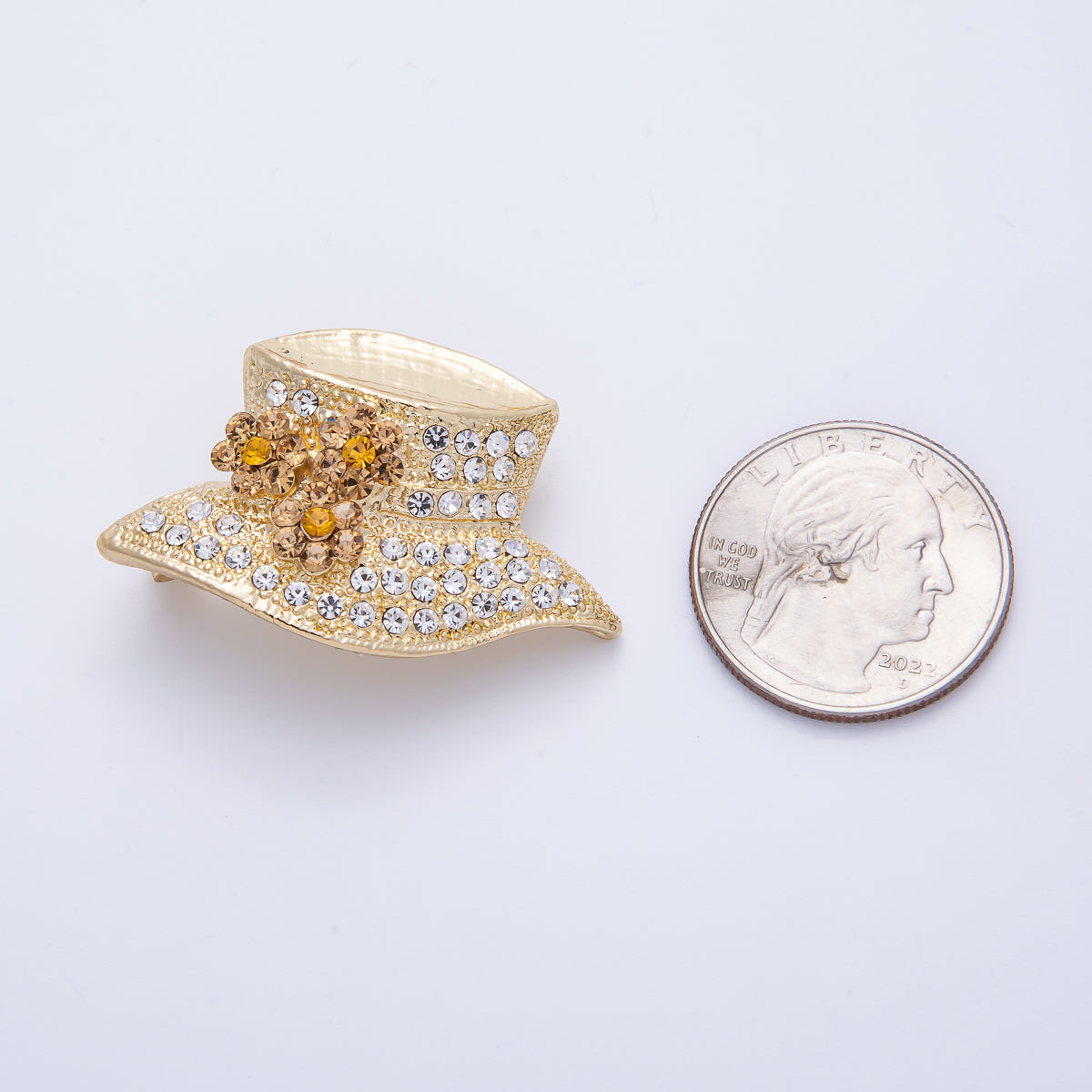 Gold 40mm x 26.5mm Rhinestone Flower Hat Pin Brooch | BH-073