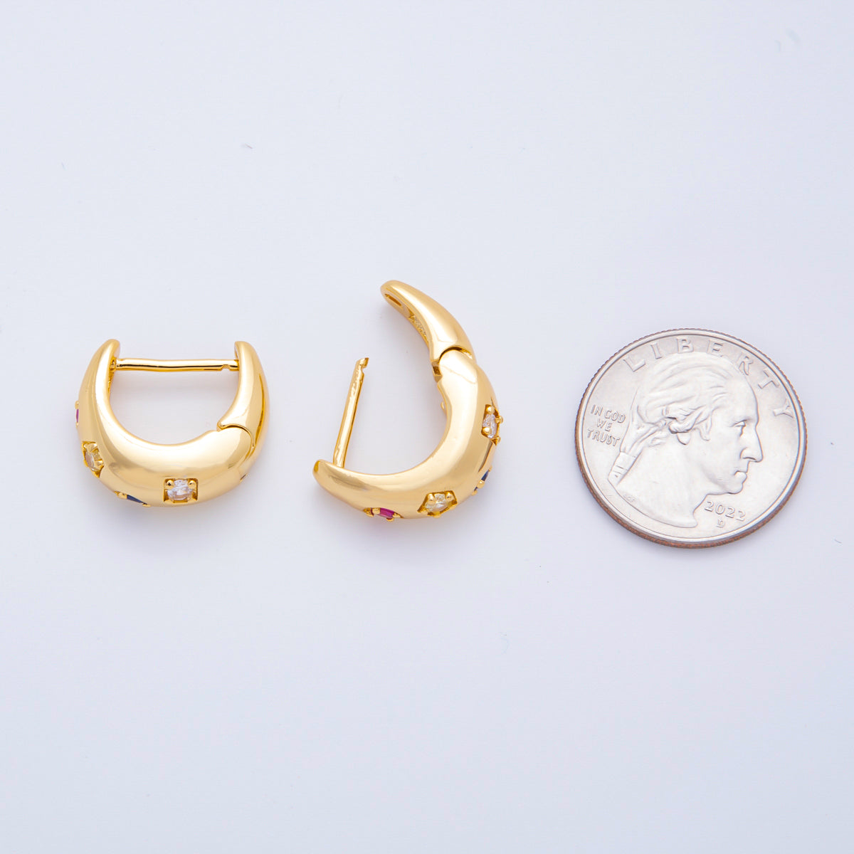 18K Gold Filled Multicolor Round CZ Dainty Dome Crescent Moon Lever Back Hoops Earrings | AJ221